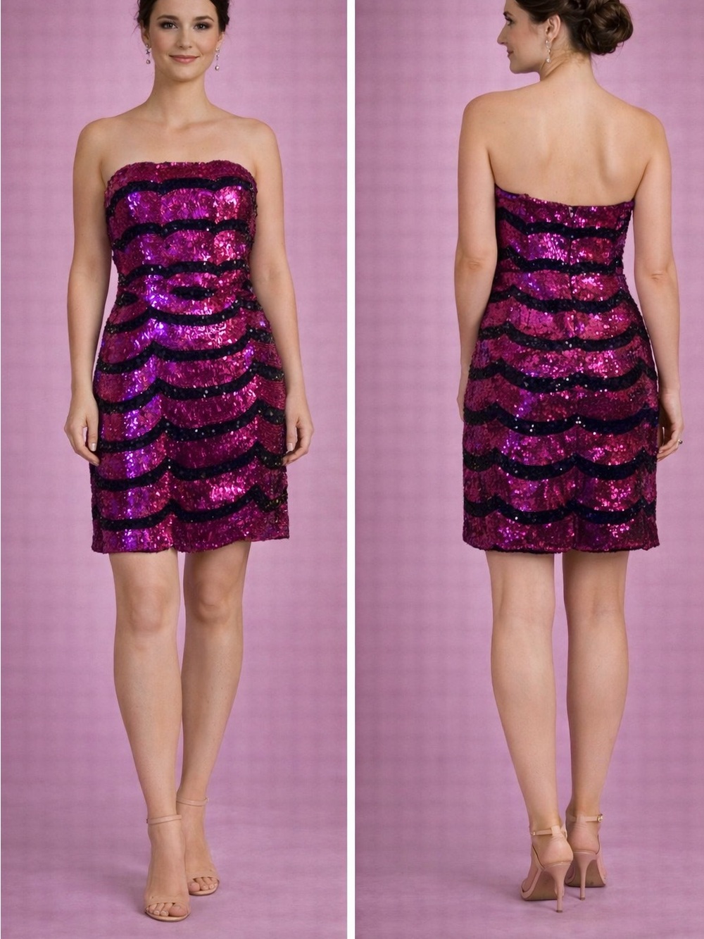 Strapless Sequin Cocktail Dress in Fuchsia with Black Accent